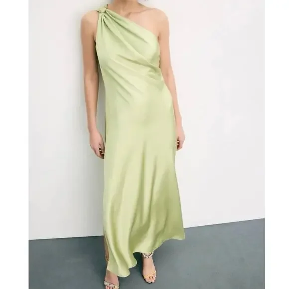 Tanya Taylor Stassi Dress silky green one shoulder slip cocktail dress Size 6 - Picture 1 of 9